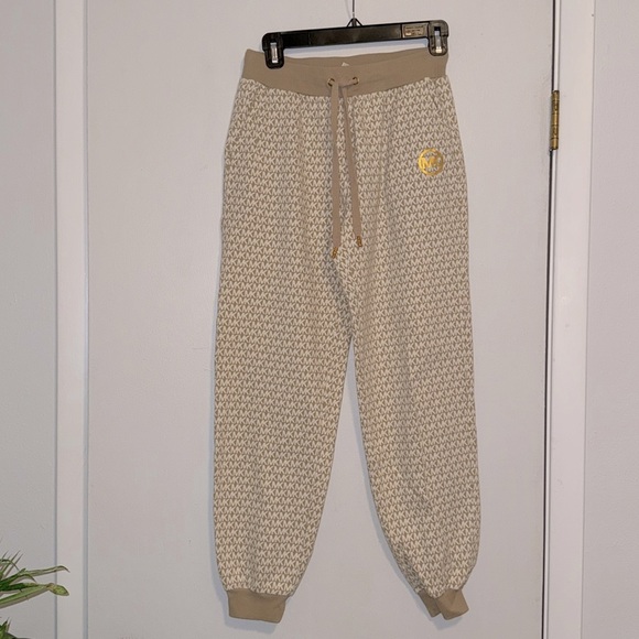 Michael Kors Logo Monogram Jogger, Cream / Tan Terry Sweatpants XS - Picture 2 of 4